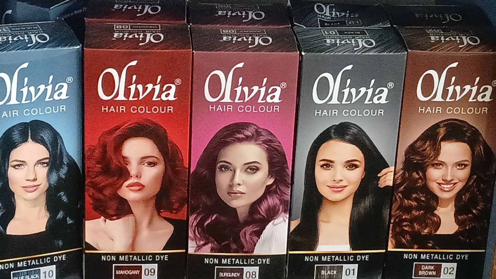 Hair colour boxes in various shades on display